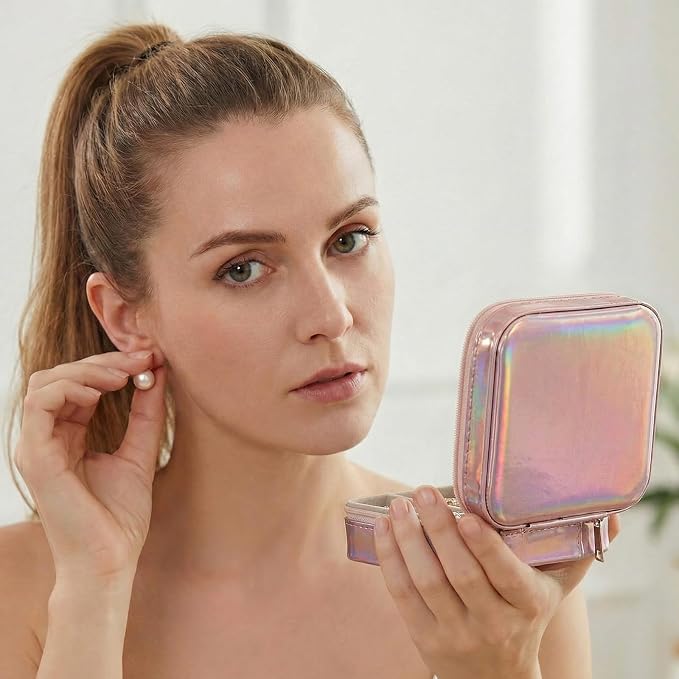 Nosiny 2 Pack Travel Jewelry Case with Mirror Small Laser Jewelry Box Organizer Gifts for Mother's Day Women Rings Earrings(Sakura Pink and Pastel Color) - Image 5