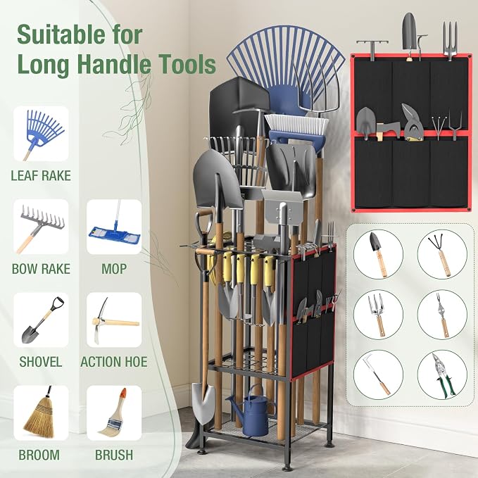 Garden Tool Organizer,Metal Yard Tool Organizer ,Holds 50 Long-Handled Tools/Rakes/Brooms,Side Garden Pocket ,Heavy Duty Steel Yard Tool Storage Rack for Garage,Shed, Outdoor - Image 5