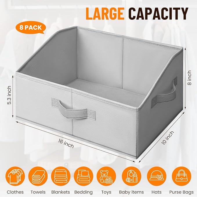 Criusia Closet Organizers Bins 8 Pack - Large Closet Shelf Organizer with Handles - Fabric Trapezoid Home Organization and Storage Baskets for Organizing Clothes Toy Blanket Towel Purse Hats - Image 2