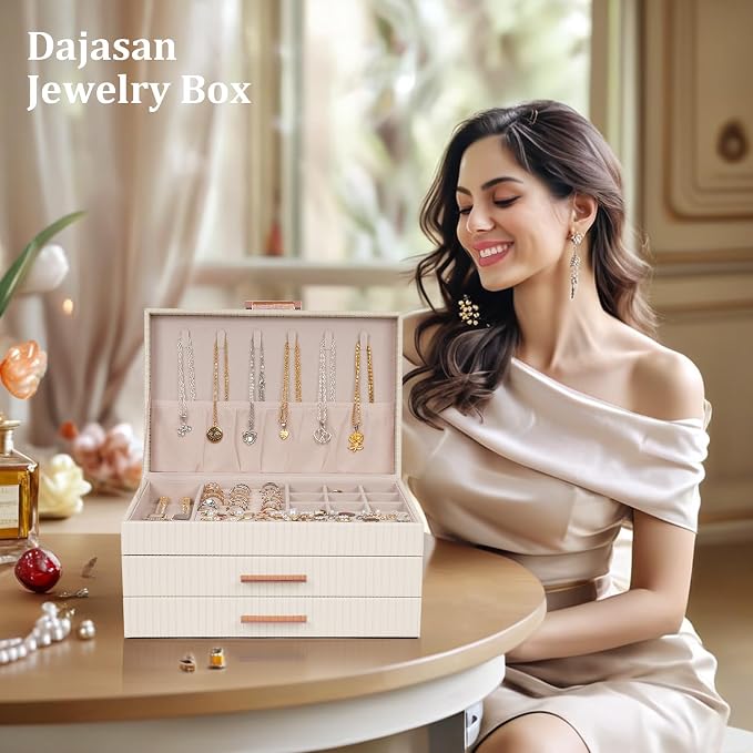 Dajasan Jewelry Box Organizer, 3-Tier Jewelry Storage Organizer with 2 Drawers, Large Jewelry Boxes for Women, PU Leather Surface with Texture, Gift Idea, Modern Style (Beige) - Image 6