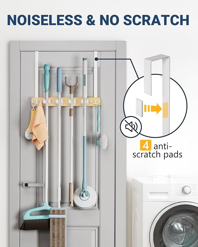 Lorbro Broom Holder Door Mount, Over the Door Broom and Mop Holder with 2 Over Door Hooks, Wood Broom Hanger, Tool Rack Organizer for Laundry, Garage, Closet, Kitchen Decor, 4 Slots & 4 Hooks Rustic - Image 5