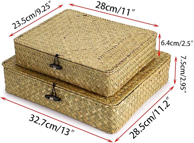 Hipiwe Natural Seagrass Storage Bins with Lid, Woven Wicker Basket Boxes Home Organizer Bins Shelf Organizer Box,Set of 2 - Image 6