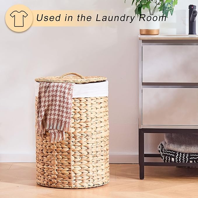 Round Water Hyacinth Laundry Hamper with Lid Handwoven Wicker Basket with Handles for Dirty Clothes, Storage, and Organization Ideal for Bedroom, Bathroom, and Laundry Room, No Assembly Required, 60L - Image 4