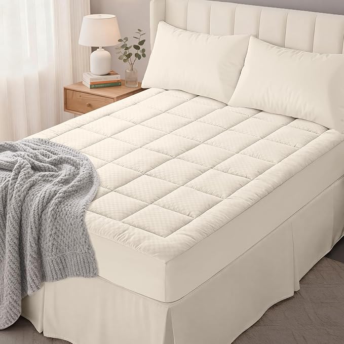 OLANLY Queen Quilted Fitted Mattress Pad, Elastic Fitted Mattress Topper, Cooling Soft Mattress Cover Stretches up to 21 Inches Deep, Machine Washable Mattress Protector (60x80 inch, Ivory White)