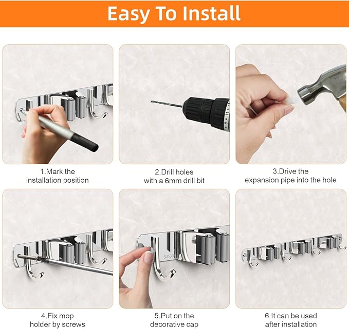 CUXIXA 2 Pack Mop and Broom Holder Wall Mount, Non-slip Broom Hanger Wall Mount, Heavy Duty Mop Broom Organizer for Kitchen Garden Garage Laundry Room Wall Decor Organization and Storage Silver 4R5H - Image 6