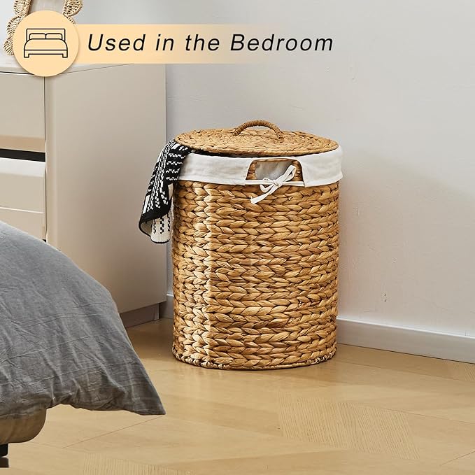 Round Water Hyacinth Laundry Hamper with Lid Handwoven Wicker Basket with Handles for Dirty Clothes, Storage, and Organization, No Assembly Required, 40L - Image 5