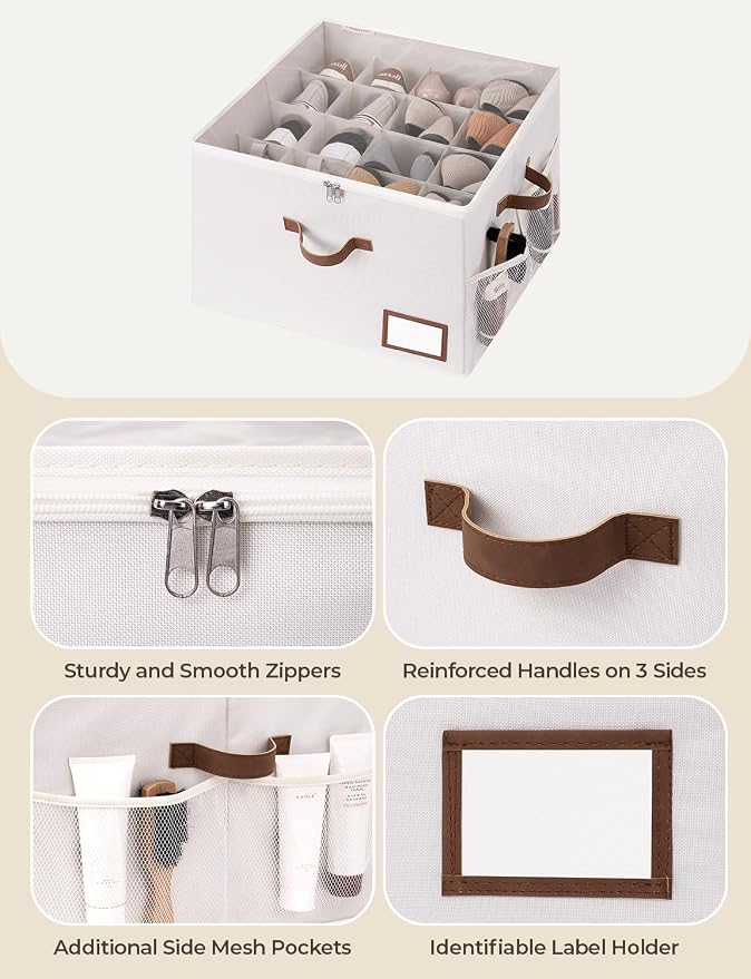 StorageWorks Shoe Organizer for Closet, Shoe Storage Bins with Clear Lid, Fabric Shoe Boxes with Side Mesh Pockets, Closet and Storage Bins for Slippers and Flats, Holds Up to 16 Pairs, Beige - Image 6
