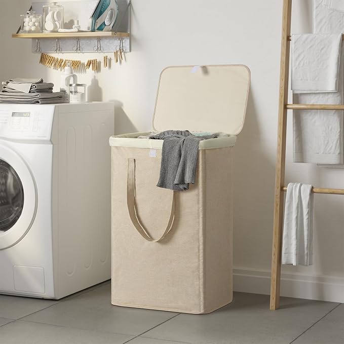 WOWLIVE 100L Laundry Hamper with Lid, Large Foldbale Laundry Basket with 2 Removable Bags and Handles, Tall Collapsible Dirty Clothes Hamper for Laundry Room, Bathroom, Dorm (Wheat) - Image 2