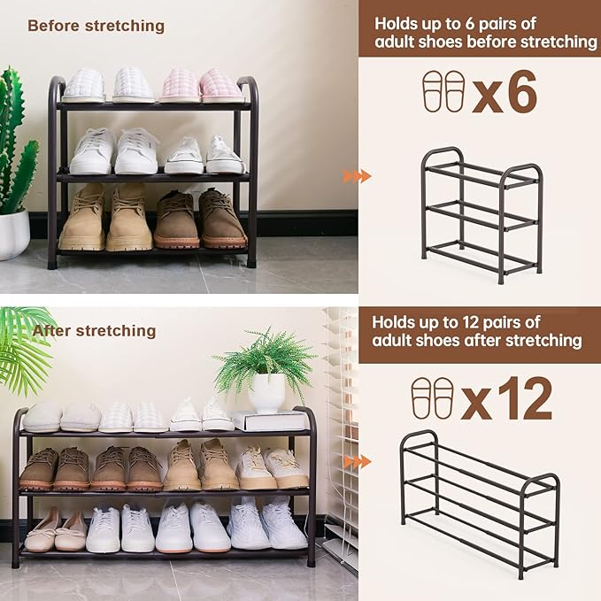 Gonfoam 3-Tier Expandable Shoe Rack,Adjustable Shoe Shelf Storage Organizer Heavy Duty Metal Free Standing Shoe Rack for Entryway Closet Doorway (Bronze) - Image 6