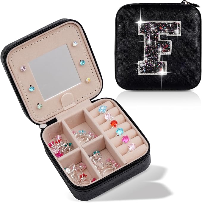 Uygafly Personalized Jewelry Case for Women Girls - Fashion Mini Jewelry Boxes - Trendy Travel Jewelry Organizer with Initials Letter - Teen Gifts | Black,F by Uygafly