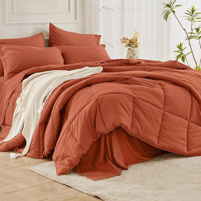 JOLLYVOGUE Twin Comforter Set, Ultra-Soft Bed in a Bag Twin Size 5 Pieces, Oeko-TEX Certified Bedding Set with Down Alternative Comforter, Sheets, Pillowcases & Shams. Burnt Orange
