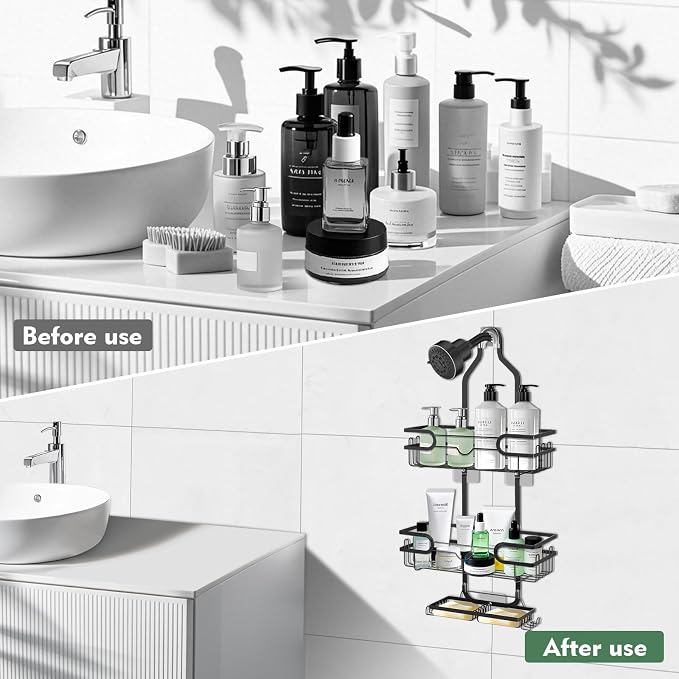 Shower Caddy Hanging, Over Head Shower Caddy Shower Storage Rack Basket with Hooks for Razor and Sponge Rustproof, No Drilling, Accessories for Bathroom and Kitchen, Black2 - Image 5