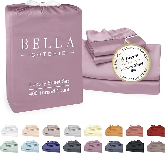 Bella Coterie Luxury Bamboo Viscose Queen Size Sheet Set | 100% Organically Grown | Ultra Soft | Cooling for Hot Sleepers | 18" Deep Pocket [Lilac]