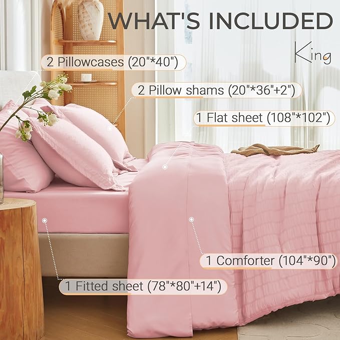 MUXHOMO 7 Pieces King Comforter Set, Seersucker Bed in a Bag King Size, All Season Luxury Bedding Set with Comforter, Flat Sheet, Fitted Sheet, Pillowcases & Shams, Pink