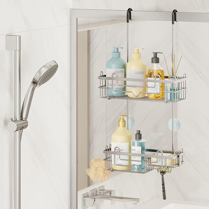 Consumest Over the Door Shower Caddy - 2-Tier Hanging Shower Organizer with Soap Holder, Rustproof Bathroom Storage and Organizer Rack for Shampoo, Towels, and Toiletries, Sand Nickel - Image 8