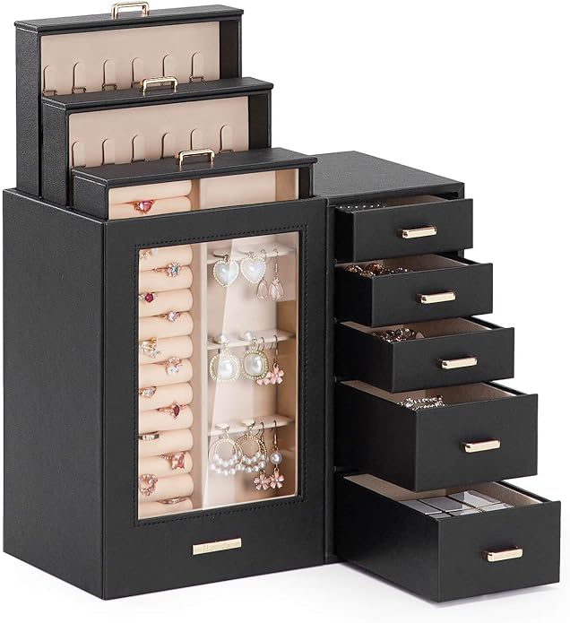 Homde Large Jewelry Box/Organizer/Case with Glass Window, Drawers for Necklaces Earrings Rings Bracelets Watches Gift for Women Girls by Homde