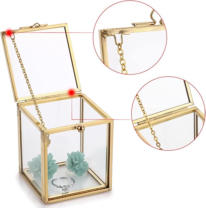 Hipiwe 2 Packs Vintage Glass Jewelry Organizer Box - Small Golden Metal Keepsake Box Desktop Jewelry Organizer Holder, Wedding Birthday Gift, Square Vanity Decorative Box for Dresser Bathroom - Image 5