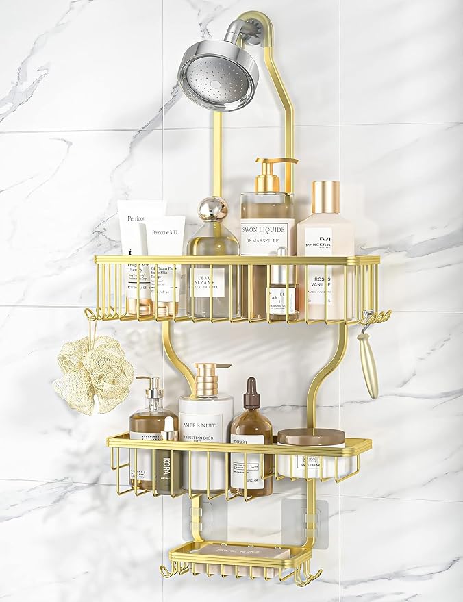 YASONIC Never-Rust Aluminum Hanging Shower Caddy – Over-the-Showerhead Organizer with 10 Hooks for Razor and Sponge – Includes Soap Basket – Gold by YASONIC