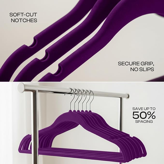 Utopia Home Velvet Hangers 50 Pack – Luxury Non-Slip Slim Pant & Coat Hangers, Strong Space-Saving Clothes Hangers with Pants Bar and 360° Swivel Hook – Purple - Image 4