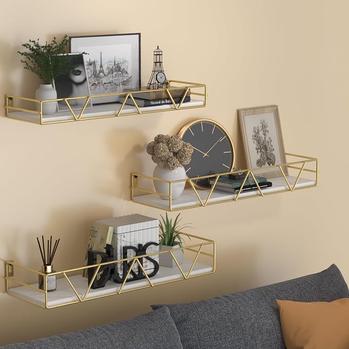 Amaoot Floating Shelves Set of 3, Home Wood Wall Shelf, Farmhouse Shelf for Bedroom, Wall Mounted Floating Shelf for Living Room, Bedroom, Bathroom, Kitchen, Office (Gold) - Image 2