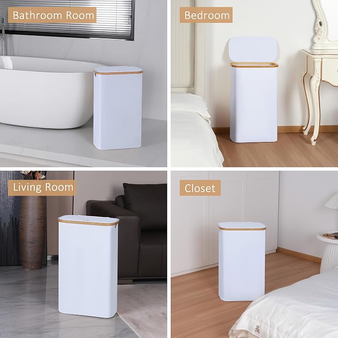 iEGrow 60L Slim Laundry Hamper, Narrow Laundry Basket with Lid,Foldable Clothes Hamper with Bamboo Handles,Hamper Basket with Removable Inner Bag for Laundry Room Bedroom College Dorm,15.85 Gals White - Image 7