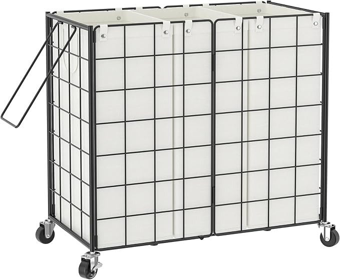 WOWLIVE Laundry Hamper with Wheels,Metal Wire Frame Rolling Laundry Basket 3 Section with Removable bags,150L Dirty Clothes Hamper Organizer Dorm Room Storage for Bedroom,Bathroom,Black and White by WOWLIVE