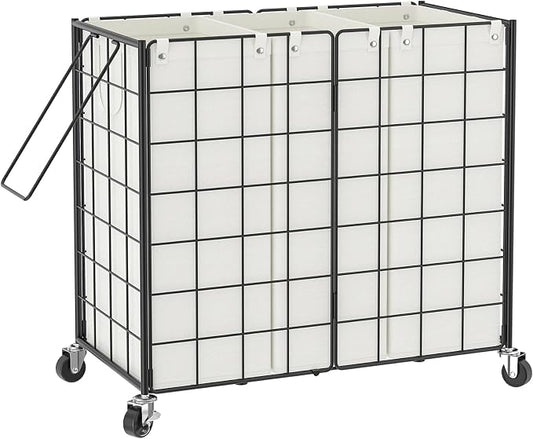 WOWLIVE Laundry Hamper with Wheels,Metal Wire Frame Rolling Laundry Basket 3 Section with Removable bags,150L Dirty Clothes Hamper Organizer Dorm Room Storage for Bedroom,Bathroom,Black and White by WOWLIVE