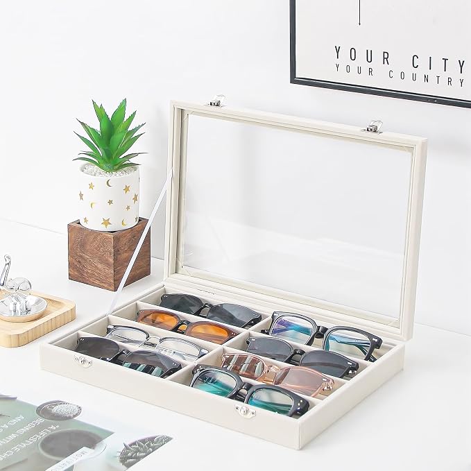 Coward Sunglass Organizer Tray Box, Beige Velvet Grids Eyeglasses Display Tray Case with Transparent Glass Lid for Home Use or Store Shop Selling Show - Image 4