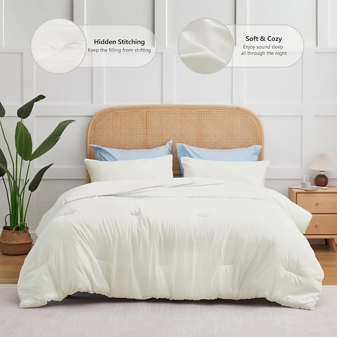 CozyLux King Size Comforter Set Ivory, 3 Pieces Solid Comforters King Size Breathable Quilted Bedding Sets, Luxury Soft Lightweight Bed Set with Down Alternative Comforter and 2 Pillowcases All Season