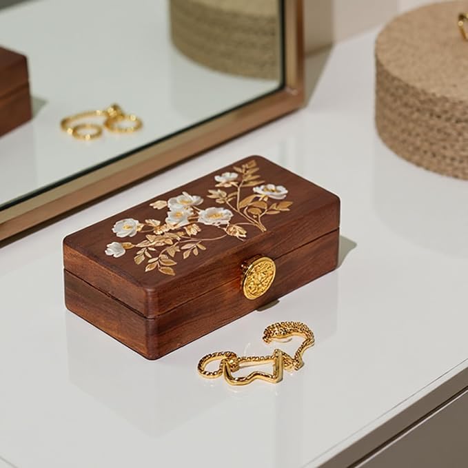 Travel Jewelry Case Small Wood Jewelry Organizer Jewelry Box for Women (Nut-Brown Print) - Image 6
