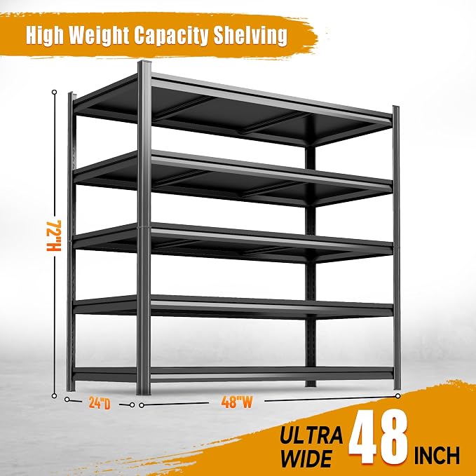 48" W Garage Shelving,5 Tier Heavy Duty Shelving,Garage Storage Shelves, 3300 lbs Capacity, Industrial Shelves for Heavy Tools and Equipment, Ideal for Garage, Basement, Black - Image 2