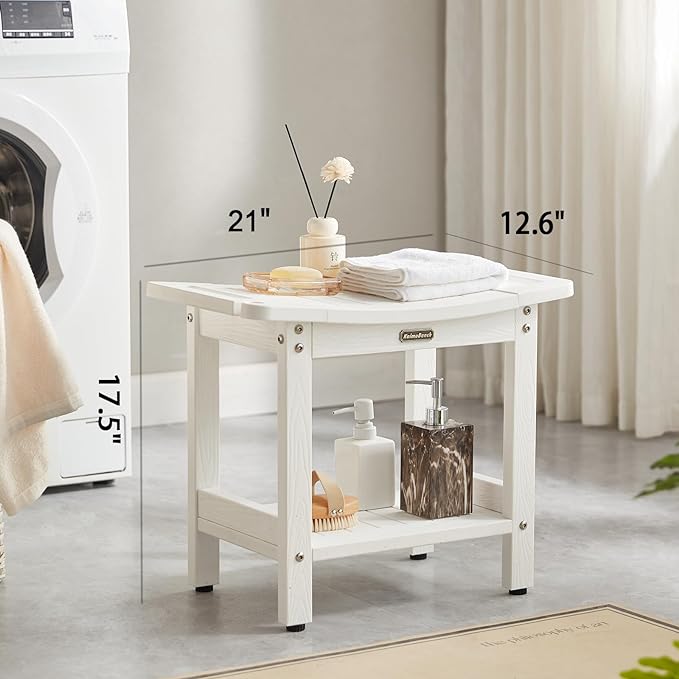 Waterproof Shower Bench, White Poly Shower Stool for Shaving Legs, Shower Chair Seat with Handles & Shower Head Holder, Plastic Bathroom Bench with Adjustable Feet for Inside Shower, Non-Slip - Image 2