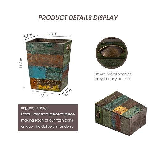 TIMRIS Small Wood Trash Can Wastebasket, Farmhouse Rectangular Garbage Can Waste Basket, Rustic Distressed Boho Wooden Trash Recycling Bin with Metal Handles, Reclaimed Wood Storage Basket (Random) - Image 3