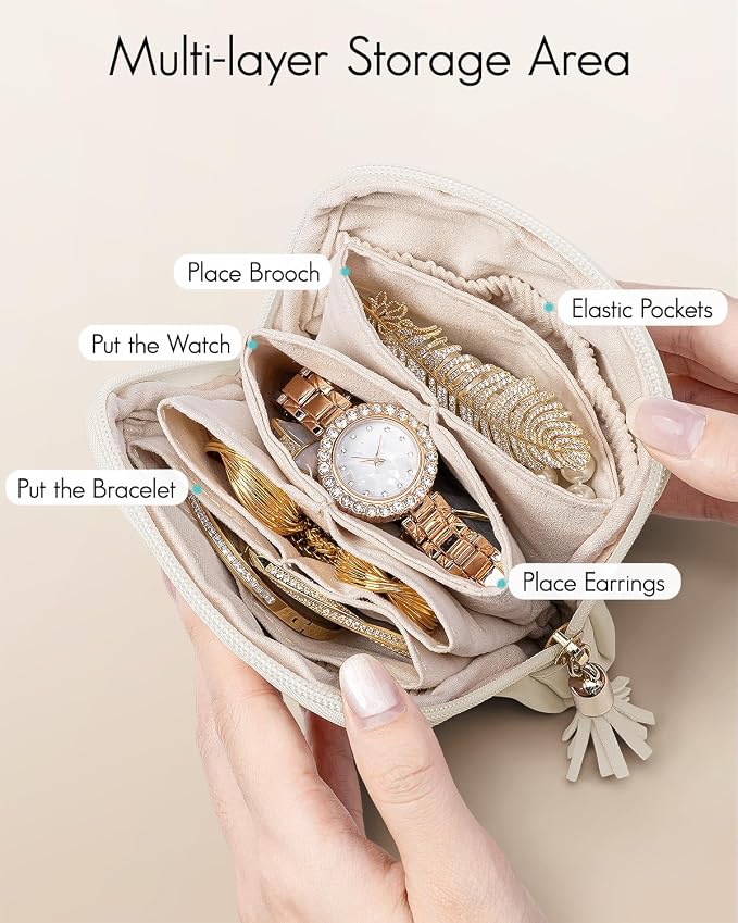 VLANDO Small Travel Jewelry Case,Mothers Day Gifts,Jewelry Pouch Bags with Zipper,Velvet Jewelry Organizer Storage Bag for Bracelet Rings Earring-Cream White - Image 3