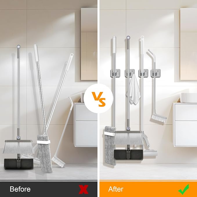4 Pack Stainless Steel Mop and Broom Holder Wall Mount with Hook, Screw Drilling Mop and Broom Hanger, Single Heavy Duty Storage Rack for Laundry Garage Closet Garden Tool Organizer, Silver - Image 2