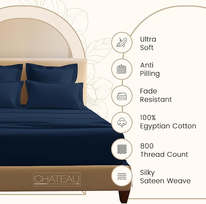 100% Egyptian Cotton Sheets Queen Size Set, 800TC Deep Pocket Queen Sheets Set, Soft Breathable Sateen Weave 4PC Elasticated Sheet & Pillowcase Sets, No Pill & Shrink, Fade Resistant- Dark Denim