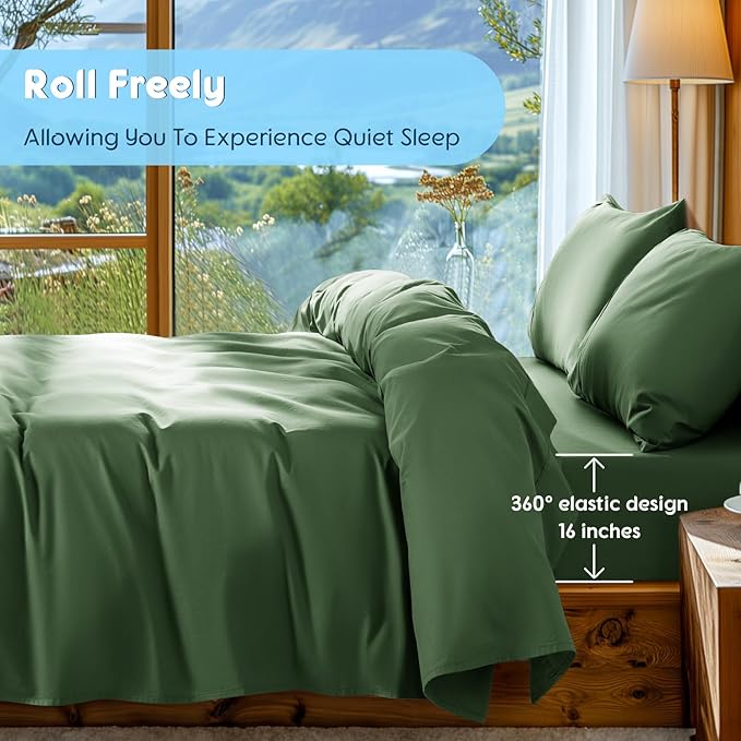 SONORO KATE 100% Egyptian Cotton Sheets Set - 1000 High Thread Count, Luxury 5-Star Hotel Sateen Bed Sheets, Soft, Breathable Long Staple Sheets, Fit up to 16" - 4 PC (Olive Green,Queen)