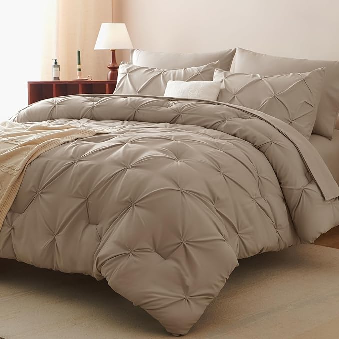 CozyLux Full Size Comforter Sets Khaki, 7 Pieces Pintuck Bed in A Bag Khaki Comforter Full Size, Pinch Pleat Bedding Sets with All Season Comforter, Sheets, Pillowcases & Shams