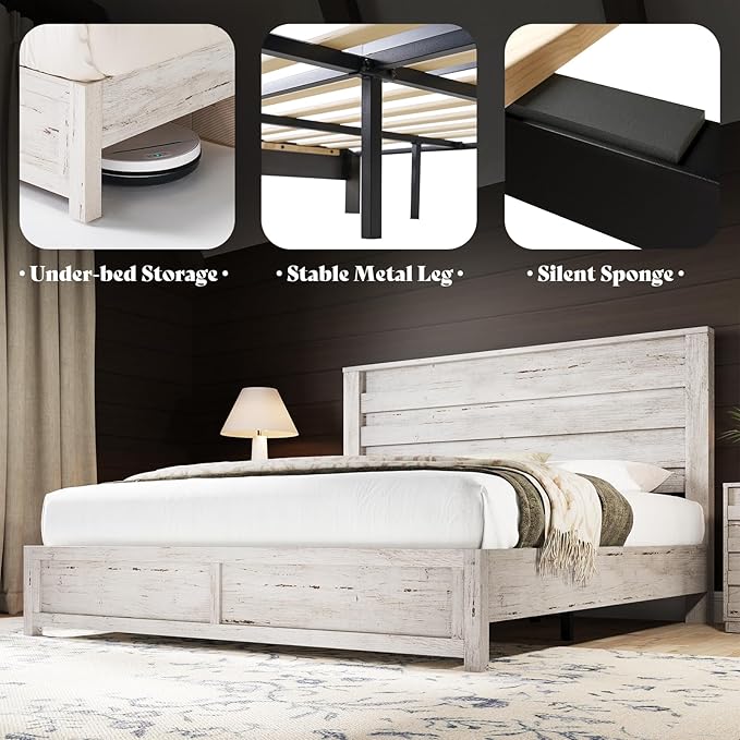 LUXOAK 3 Pcs Bedroom Furniture Sets, Farmhouse King Size Bed Frame with 49" Tall Headboard and Nightstand Sets of 2 with Charging Station, Slated Handles & Stainless Steel Feet, Distressed White