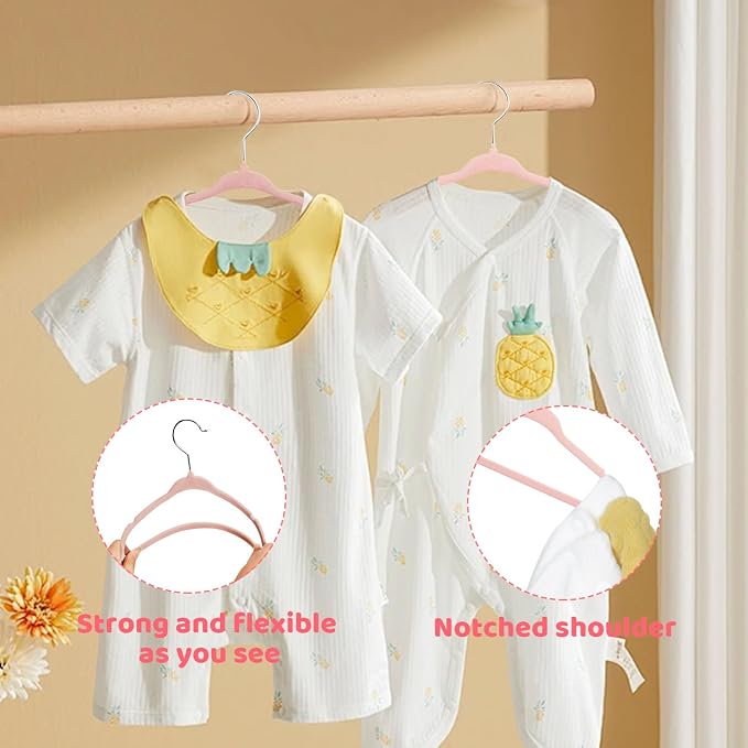 ManGotree 11" Baby Velvet Hangers, Non-Slip Infant Coat Hangers, Ultra-Thin Toddler Felt Hanger with 360° Swivel Hook, Space Saving Children's Hanger for Kids Clothes, 48 Pack (Light Pink) - Image 4