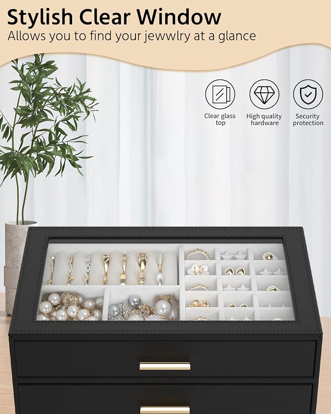 AKOZLIN Jewelry Box with Clear Lid Functional Leather Jewelry Storage Organizer Case 2 Drawers for Women Girls Necklace Ring Bracelet Earring - Image 5