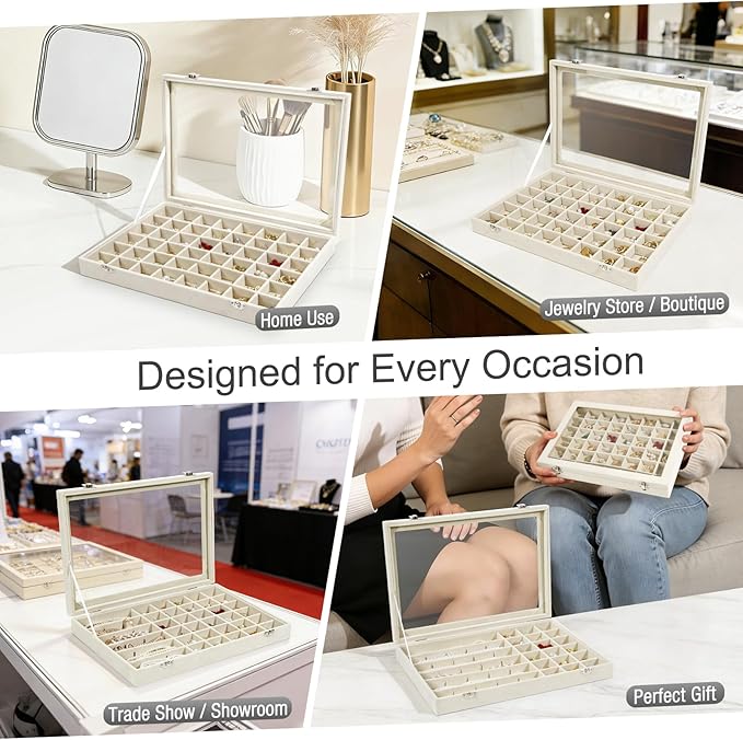 Velvet Jewelry Organizer Storage Tray, 48 Grid Adjustable Earring Holder Organizer with Clear Lid, Jewelry Display Box for Earrings, Rings, Necklaces and Studs, Gift for Women and Girls - Image 7