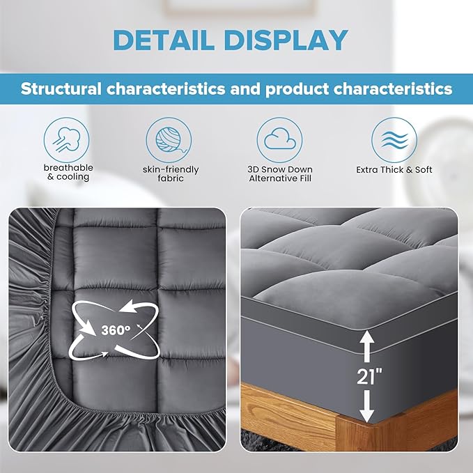 VALUXE King Mattress Topper Cooling Pillow Top Fitted Mattress Pad Cover Extra Thick Bed Topper Down Alternative Soft Mattress Protector for Back Pain Relief with 8-21 Inch Deep Pocket Grey
