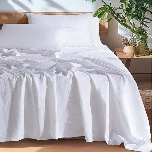 SONORO KATE 100% French Pure Linen Sheets, Breathable and Durable Linen Sheets, Anti-Tear Linen Bed Sheets, Machine Washable, 16 Inch Deep Pocket - 4 Piece (White, California King)