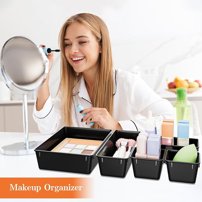 SpaceHacks 25 PCS Plastic Drawer Organizer Set, 4-Size Versatile Organizer Trays & Storage Bins for Makeup, Jewelry, and Gadgets in Bathroom, Bedroom and Office, Black - Image 5