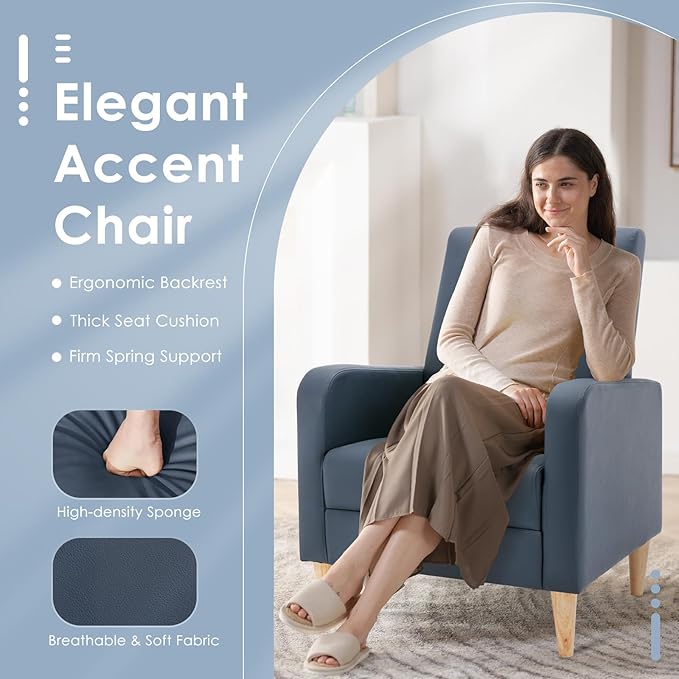 COLAMY Faux Leather Accent Living Room Chairs Set of 2, Upholstered Arm Chair Reading Side Chair, Single Sofa with Back Pillow and Wood Legs, L-Blue