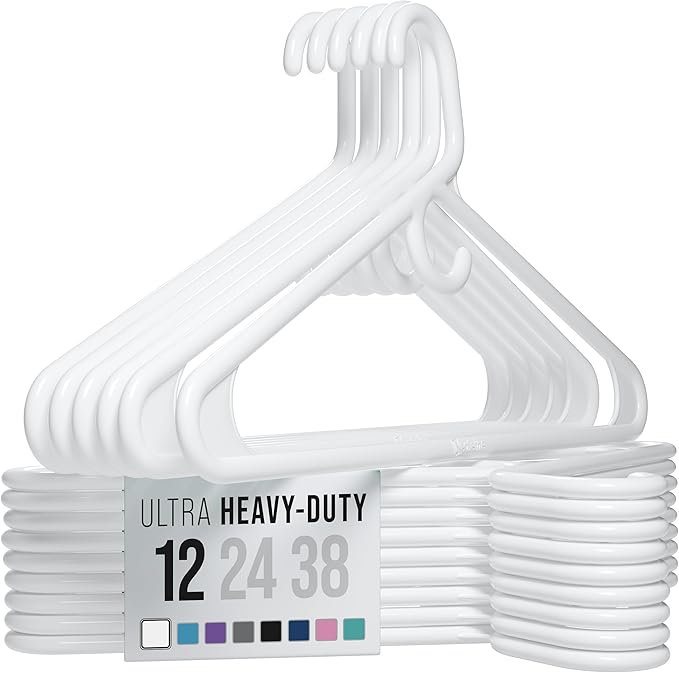 NEATERIZE Thick Heavy Duty Hangers - White Plastic Clothes Hangers 12 Pack - Great for Coat Hanger, Jackets Jeans & Suit Hanger for Closet - New Apartment Essentials Percheros Ganchos para Colgar Ropa by Neaterize