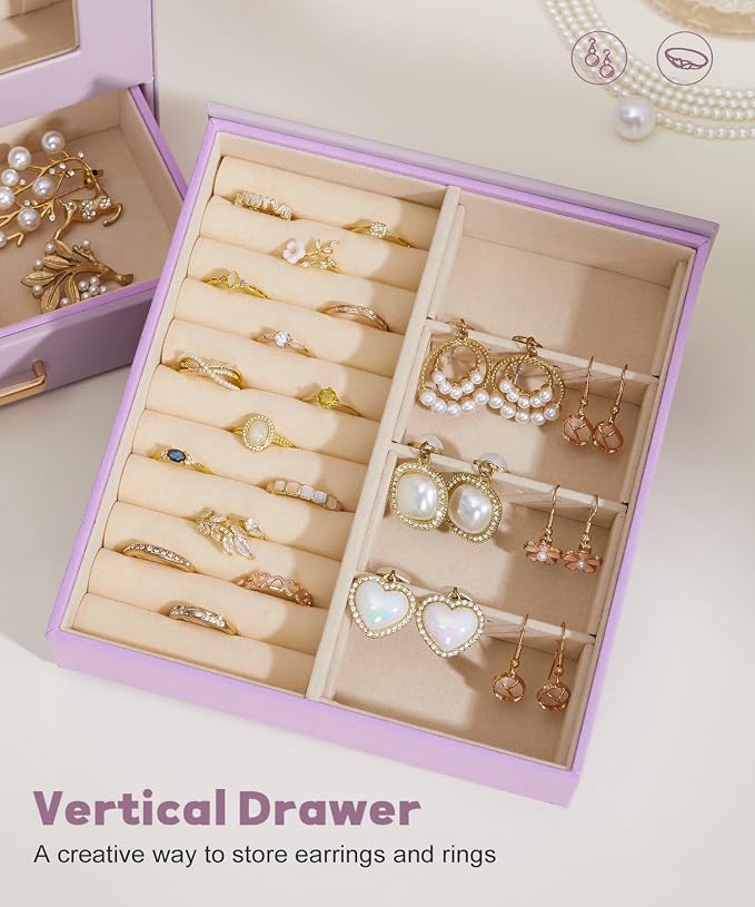 Homde Jewelry Organizer Girls Women Jewelry Box for Necklaces Rings Earrings Gift Bracelets Storage Case (Grey Purple + Gold) - Image 5