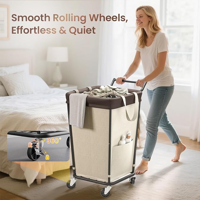 160L Laundry Hamper with Wheels and Handle, 2-Section Rolling Hamper for Laundry, Large Laundry Basket with Wheels, Rolling Laundry Basket Clothes Hamper for Home, Bathroom and Dorm(Beige) - Image 3