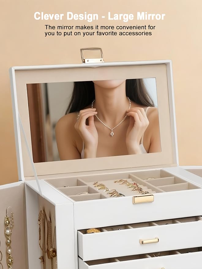BOOVO Jewelry Box For women, 6 Layer Large Jewelry Organizer With Mirror, Multi-Function Storage Box With Lock, Necklace Holder With 5 Drawers, For Earrings Necklace Bracelet (White and Gold) - Image 4
